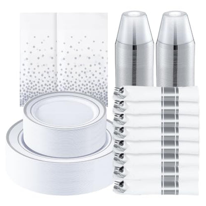 352 Piece Silver Plastic Dinnerware Set for 50 Guests | Includes: 50 Dinner Plates 50 Dessert Plates, 50 Pre Rolled Napkins with Silverware, 50 Cups, 2 Tablecloth - color: Silver, style: 352 Piece (50 guests)