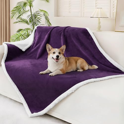 Smiry Waterproof Blanket Throw, Reversible Dog Blanket for Sofa Couch Bed | Soft Leakproof Sherpa Fleece, Washable Furniture Couch Protector for Large Dogs Cats, 50"x60", Dark Purple/White - color: Dark Purple/White, size: 50"x60"