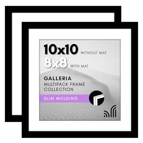 Americanflat 10x10 Picture Frame 2-Pack - Matted to 8x8 - Black | Slim Molding construction, Polished plexiglass front, wall or tabletop display with included easel, triangle hangers included - color: Black, size: 10x10