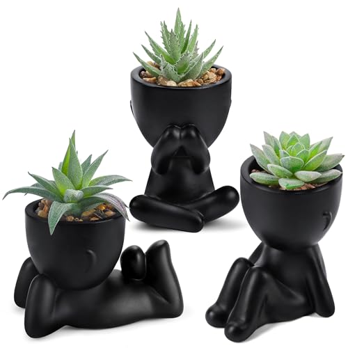 Der Rose 3 Pack Fake Plants in Black Pots for Bathroom Living Room Decor | Unique black human-shaped pot，cute fake succulents plants，perfect for black desk shelf bedroom halloween decor，fresh all year - color: Black