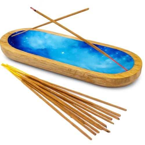 TOSQP27 Handmade Wooden Incense Holder for Sticks Handcrafted Ash Catcher for Meditation, Yoga & Home Fragrance | Decorative Wooden Incense Burner Gift for Adults Blue Resin Art - color: Ocean Blue