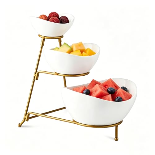 Gomakren 3 Tiered Oval Serving Bowl, Collapsible Chip and Dip Serving Set | Space-Saving, Gold Metal Rack for Party Entertaining | Multi-Size White Bowls for Fruit Snacks, Buffets/Festival Gatherings - color: Golden Stand