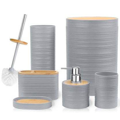 CERBIOR Bamboo Bathroom Accessories Set 6 Piece Spiral Bath Ensemble,Grey | Includes Soap Dispenser, Toothbrush Holder, Toothbrush Cup, Soap Dish for Decorative Countertop and Housewarming Gift - style: Grey