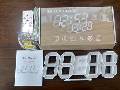 EDUP HOME® 3D LED Digital Wall Clock with Remote Control, 9.7 Inch, White | Desk Alarm Clock with Night Light, Adjustable Brightness, 12/24H, Time, Date & Temperature for Home or Office - color: Cool Lights 9.7" Led Clock + White Design