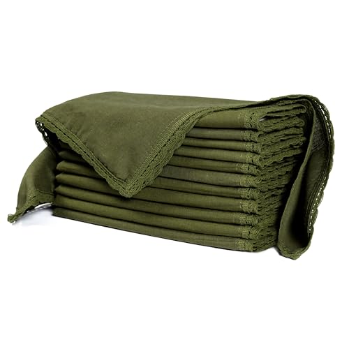 Ramanta Home Olive Green Linen Flax Cloth Napkins Set of 12, 18x18 Inches | Flax Lace Cotton Linen Reusable Decorative Scalloped Dinner Napkins with Mitered Corners for Weddings, Everyday Use - color: Olive Green, size: 18" x 18" (Set of 12)