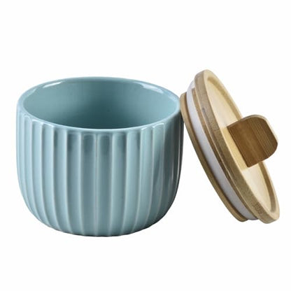Salt Cellar Keeper with Bamboo Lid, 14oz Big Capacity Ceramic Sugar Bowls Pepper Box, Crackle Glaze Seasoning Container Condiment Pot for Kitchen (Cyan Color) - color: Cyan