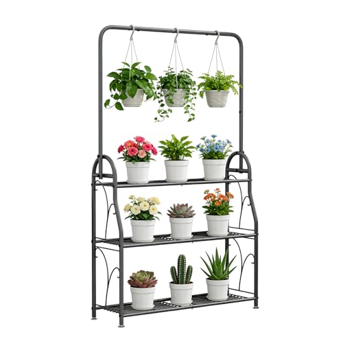 SORCEDAS 3 Tier Metal Plant Stand Indoor Outdoor with Hanging | Corner Ladder Shelf Tall Flower Rack for Multiple Plants, Space-Saving Plant Holder for Balcony, Garden, Patio - size: 3 Tier With Hanging-Dark Grey