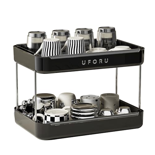 UFORU Countertop Coffee Station Organizer,Cup Rack,Mug & Wine Glass Holder | 2-Tier Black Mug Shelf with Removable Drain Tray,Bathroom Countertop Organizer,Spice Rack for Kitchen - color: Black