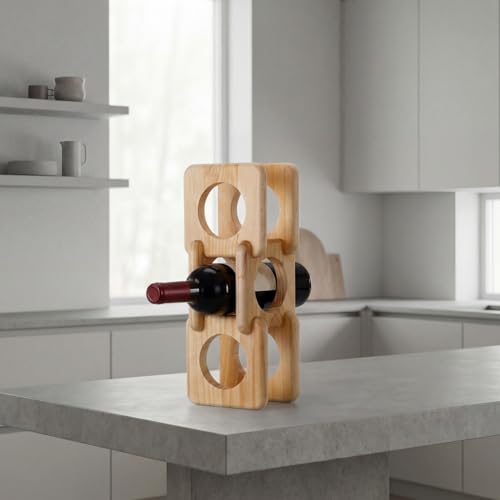Novabright Detachable Wood Wine Rack Countertop 3 Bottle Display Stand Holder, Modern Tabletop Wine Bottle Holder for Home Bar, Kitchen & Dining Room Decor, Stylish Storage or Sculptural Accent