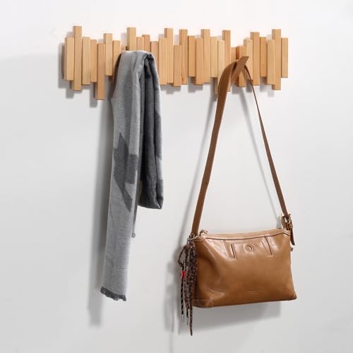 Coat Rack Wall Mount Piano Flip Down Wall Hook Rack 5 Hooks Beech | Natural Wood Handmade Unique Hanger for Coats Bag Hat Umbrella key Wall Art In the foyer living room bedroom bathroom office - color: Beech