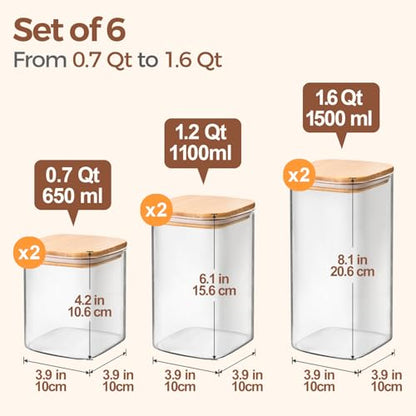 ComSaf Glass Pantry Storage Containers (0.7Qt/1.2Qt/1.6Qt) Set of 6, Square | Glass Storage Containers with Lids, Kitchen Canisters, Pantry Jar, Bamboo Lid with Silicone Seal, Flour Cereal Tea, BPA Free - size: 0.7Qt*2/1.2Qt*2/1.6Qt*2