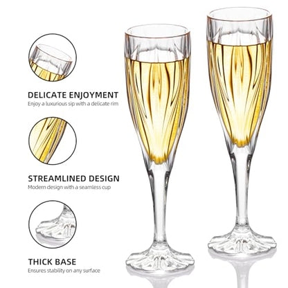 KAMMAK Champagne Flutes, Crystal Glass,180ML Champagne Glasses, Set of 2 | Clear Champagne Flutes with Long Stem and Thin Rim for Wine, Weddings, Anniversaries, Parties and Gifts, 615N - style: 180ML Ocean