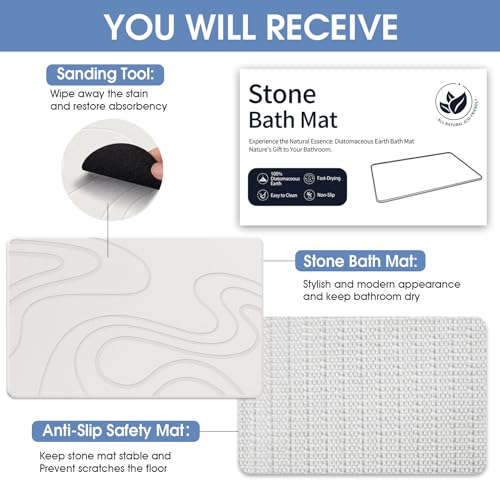 Veeloim Stone Bath Mat Diatomaceous Earth Shower Mat Non-Slip Super Absorbent Diatomite Stone Mats for Bathroom Floor/Kitchen Counter Quick Drying Natural Easy to Clean(23.6''×15.4" White) | Fast Drying, Super Absorbent, Natural Diatomaceous Earth, Non-Sl