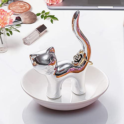 PUDDING CABIN Cat Ring Holder Gift for Women, Cat Mom Mothers Day Gifts, Birthday Gifts for Women Girls Friends, Cute Kitty Ceramic Jewelry Rings Earrings Necklace Holder Home Decor - style: Sliver Cat