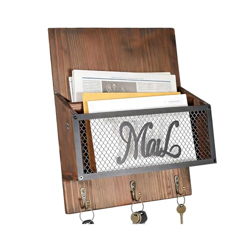 Holder Wall Mount, Hooks for Wall, Keys on Mail Organizer Mounted, Rustics Inspires Wood Mount Mail Sorter with 3 Hook Storage Organiser Home Offices Entryway Decoration Rural Wooden Holder - color: Dark Brown