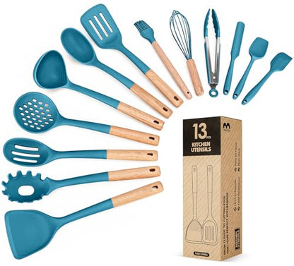Kitchen Utensils Set, 13PCS Silicone Cooking Utensils, Heat Resistant Kitchen Utensil Spatula Set for Nonstick Cookware, Wooden Handles Kitchen Gadgets Tools Set (BLUE) - color: Blue