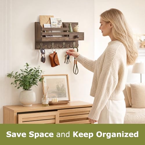Key Holder Wall Mount, Wooden Key and Mail Organizer, Brown | 2 Mount Options, Includes 8 Hooks, Fence Mail Slot, Small Drawer and Shelf, for Entryway, Hallway, Doorway, Living Room, RV - color: Brown