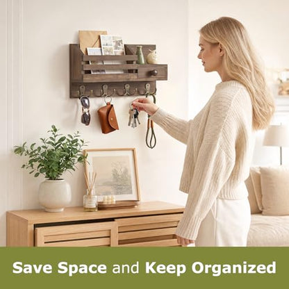 Key Holder Wall Mount, Wooden Key and Mail Organizer, Brown | 2 Mount Options, Includes 8 Hooks, Fence Mail Slot, Small Drawer and Shelf, for Entryway, Hallway, Doorway, Living Room, RV - color: Brown