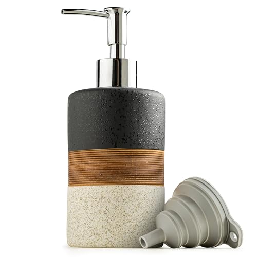 Dish Soap Dispenser Set with Silicone Funnel, Hand Soap, Shampoo, Body Wash, Ceramic Liquid Soap Dispenser for Kitchen and Bathroom Countertops, Stainless Steel Pump, Non Slip, 12 Oz, Black - color: Black and White, size: 1xSoap Dispenser