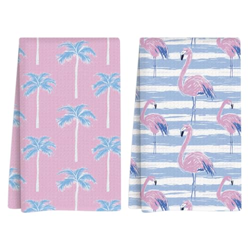 Summer Kitchen Towels, Summer Kitchen Bathroom Decor, Housewarming Gifts, Palm Tree Flamingo Waffle Decorative Dish Hand Towel for Seasonal Holiday Bathroom Home Baking Set of 2 14x24 Inch - color: Palm Tree Flamingo