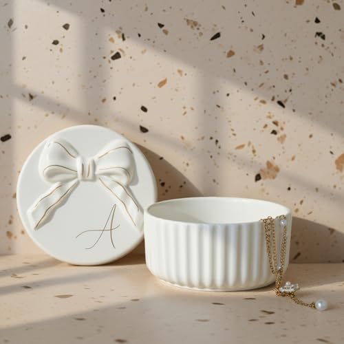 COLLECTIVE HOME Ceramic Jewelry Box with Bow, Nightstand Vanity Decor(A) | Jewelry Tray with Lid, Christmas Mother's Day Birthday Gifts for Women, Wedding, Bridal Shower, Bridesmaid Proposal Gifts - color: A