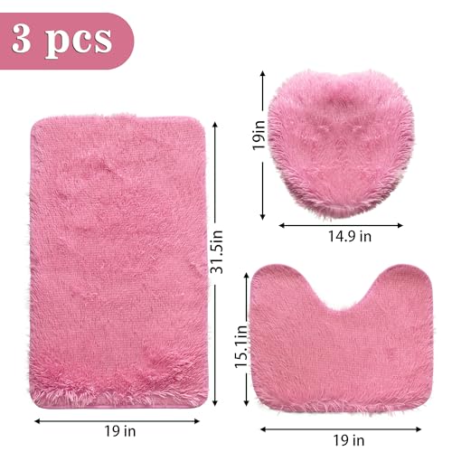 Pink Bathroom Rugs Sets 3Piece Bath Mat Solid Bath Rug Floor Mats Washable Shower Rug with U-Shaped Contour Rug Toilet Lid Cover - color: Pink, size: Set of 3