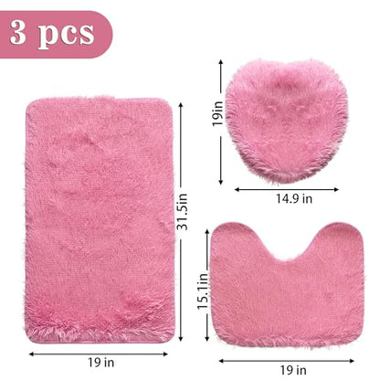 Pink Bathroom Rugs Sets 3Piece Bath Mat Solid Bath Rug Floor Mats Washable Shower Rug with U-Shaped Contour Rug Toilet Lid Cover - color: Pink, size: Set of 3