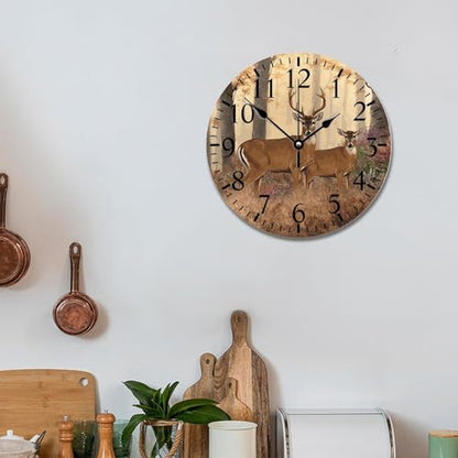 Deer Buck Large Wooden Wall Clocks Battery Operated 12 Inch Autumn Hunting Clock Rustic Wall Art Farmhouse Home Decor for Bedroom Living Room Kitchen School Office