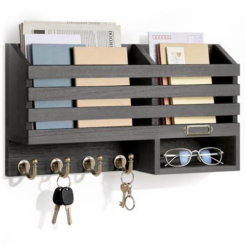 FifthQuarter Mail Holder Wall Mount with 2 Mail Slot and 4 Sturdy Hooks | Cute Rustic Farmhouse Wooden Wall Mail Holder, Reliable Entryway Organizer for Keys and Mails, Easy Installation，C-Black - color: C-Black
