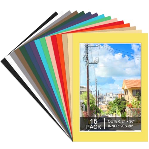 15 Pack 24x36 Picture Mats for 20x30 Photos, Mixed Colors | 1.2 mm Thick Beveled Mat Board, Cream Core, Protects Photos and Art, for Frames, Galleries, Home Or Office Display - size: 24x36 for Photos 20x30