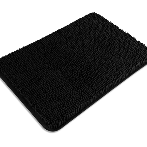 Black Bathroom Rug – Absorbent and Washable Bath Mat, Non-Slip, Thick Soft Chenille Bath Rugs for Bathroom, Kitchen, Shower, Sink - 17" x 24" - color: Black, size: 17" x 24"