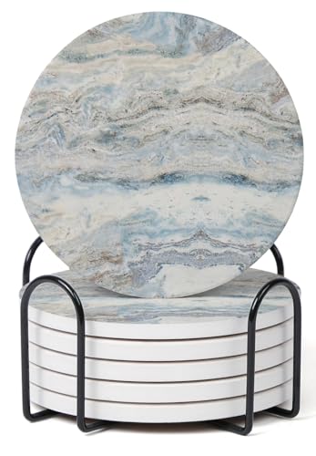 Set of 6 Mix Color Abstract Onyx Marble Coasters with Holder, Absorbent Ceramic Coasters for Drinks, Coasters with Cork Backing for Table Protection, Home Decor, Coffee Table Decor - color: Abstract Onyx Marble Mix Color