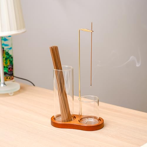 Modern 2-in-1 Incense Holder with Glass Ash Catcher, Featuring a Wood Tray, Metal Rod & 2 Glass Cups for Organized Burning. Perfect for a Clean Desk, Zen Meditation, Yoga and Home Decor