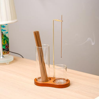 Modern 2-in-1 Incense Holder with Glass Ash Catcher, Featuring a Wood Tray, Metal Rod & 2 Glass Cups for Organized Burning. Perfect for a Clean Desk, Zen Meditation, Yoga and Home Decor