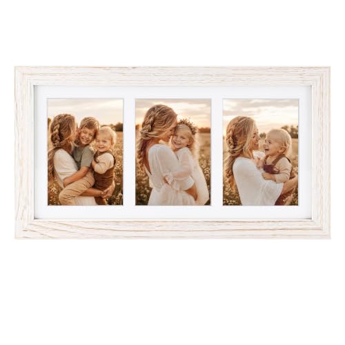 Golden State Art Collage Frame 7x14 for 3 4x6 Photos Wood Distressed White | Clear Real Glass and White Mat, Horizontal & Vertical Display Multi Pictures For Gallery Wall, Home Decor & Holiday Gift - color: Distressed White With White Mat, size: 1 Pack