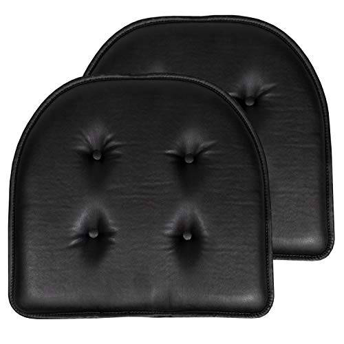 Sweet Home Collection Chair Cushion Memory Foam Pads Tufted Slip Non Skid Rubber Back U-Shaped 17" x 16" Seat Cover, 2 Count (Pack of 1), Faux Leather Black - color: Faux Leather Black, size: 2 Pack, style: Foam Pads