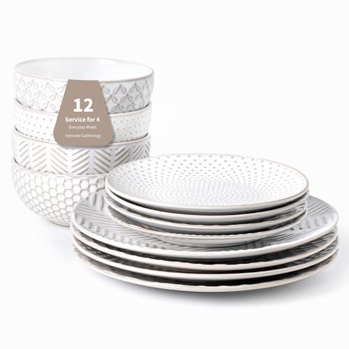 FOBENTA 12 Piece Embossed Dinnerware Sets for 4, Elegant Plates and Bowls Sets, Microwave & Dishwasher Safe, Stoneware for Stylish Home Dining–Perfect Housewarming Gift for Busy Families & Hostesses - size: Service for 4 (12pcs)