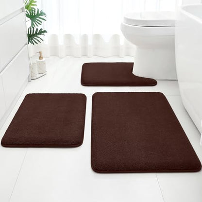 HOMEIDEAS Upgraded Bathroom Rugs Set 3 Piece, Ultra Soft Memory Foam Bath Mats, Super Absorbent Non Slip Washable U-Shaped Toilet Bath Rug (Brown, 17"x24"+20"x32"+U-Shaped 20"x24") - color: Brown