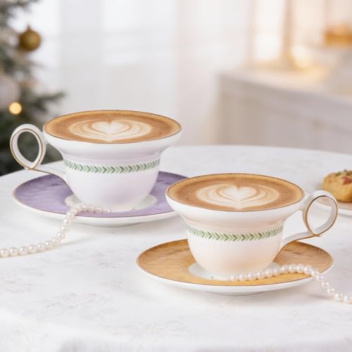 KAMMAK Tea Cups Set of 2,Ceramic Floral Pattern Demitasse Cup | Porcelain Espresso Cup with Saucer, 5.92 oz Handmade Elegant Bone China Tea Cups for Latte, Americano, Cappuccino - color: Vine (B.Purple+C.Yellow)