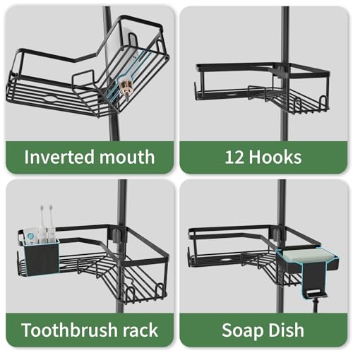 LEEDA Corner Shower Caddy Tension Pole, 4-Tier Adjustable Floor to Ceiling Bathroom Organizer， No-Drill Stand Storage Rack with Soap/Toothbrush Holder for Renters - 34-125 In Black