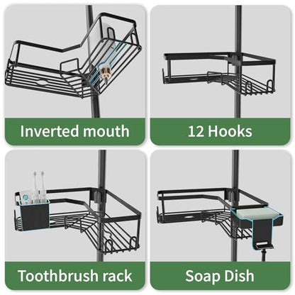 LEEDA Corner Shower Caddy Tension Pole, 4-Tier Adjustable Floor to Ceiling Bathroom Organizer， No-Drill Stand Storage Rack with Soap/Toothbrush Holder for Renters - 34-125 In Black
