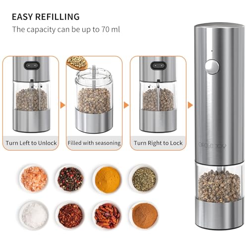 CIRCLE JOY Electric Salt and Pepper Grinder Set Stainless Steel Spice Grinder Automatic Pepper Mills with Easy-to-Carry Dual Charging Station, White Led Light, and Adjustable Coarseness, Silver - color: Upgrade Silver