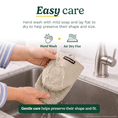 Cuisinart Mini Oven Mitts, 2-Pack 5"x8.5", Heat Resistant 500F | Compact pot holder for baking, air fryer, and cookware, silicone non-slip grip, hanging loop, fits either hand, wipes clean - color: Beige