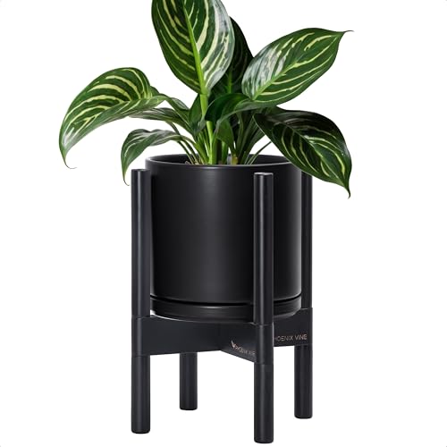 D'vine Dev Ceramic Pot with Ebony Wood Stand, Black, 8 in, 55-B-M-2 | Mid-Century Modern Design, Raised Plant Display, Solid Beech Wood Stand, Premium Craftsmanship, Sophisticated Home Decor - color: Black Pot + Ebony Stand, size: 8 Inch