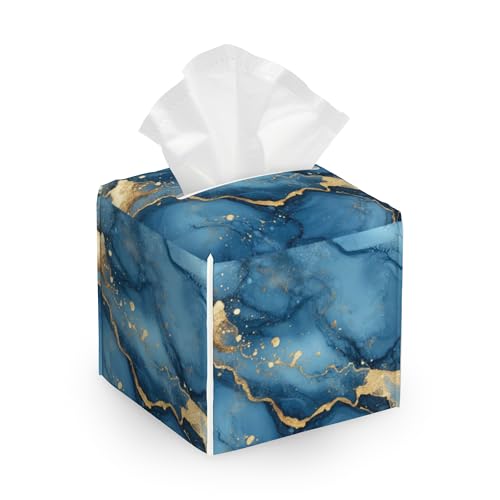 Tissue Box Cover,Blue Gold Marble Fluid Leather Tissue Holder Organizer Portable Square Decorative Facial Paper Case for Home Office Bathroom Vanity Countertop - color: Blue Gold Marble Fluid
