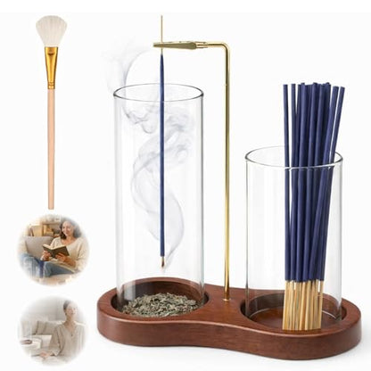 2-in-1 Incense Holder with Glass Ash Catcher & Stick Storage, Wooden Incense Burner for Relaxation, Stress Relief, Mess-Free Home Use, Self-Care, Meditation, Yoga, Bedroom & Living Room (Retro) - color: Retro
