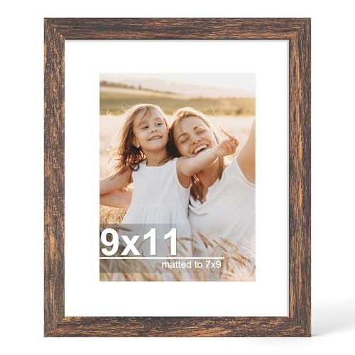 Hongkee 9x11 Picture Frame with Real Glass Wood Frame, 1 Pack(with Mat 7x9) | Rustic Brown, Display 9 x 11 No Mat for Wall and Tabletop for Photos, Artwork; Fits Home, Office & Gallery Wall Decor - color: Rustic Brown, size: 9X11 in