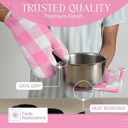 Buffalo Plaid Check Oven Mitts and Pot Holders Set, 100% Cotton, Heat Resistant, 2 Oven Gloves (7x13 Inches) and 2 Hot Pads (8x8 Inches) for Cooking and Baking, Rose Pink White - color: Rose Pink, Buffalo Plaid
