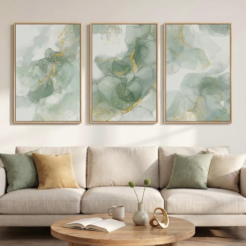 Large Framed Sage Green Abstract Wall Art for Living Room, 3 Piece 24x36 In | Green and gold pictures, Canvas prints, Modern minimalist painting, Artwork for walls, Wall decor for hallway stairway office - color: Glitter, size: 24" W x 36" H x 3pcs