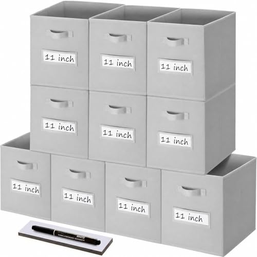 Storage Bins,11" Cube Storage Bin with Labels,10pcs,Light Grey | Fabric Storage Cubes for Shelves,11 Inch storage cube bins with 10 Labels Window Cards & a Pen. - color: Light Grey, size: 11"